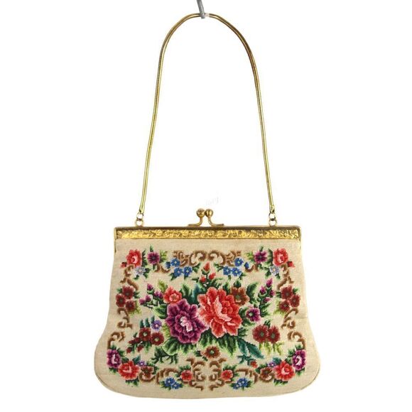 VTG Handmade MULTICOLOR FLORAL PETIT NEEDLEPOINT FRAME KISS LOCK SMALL PURSE - Picture 6 of 14